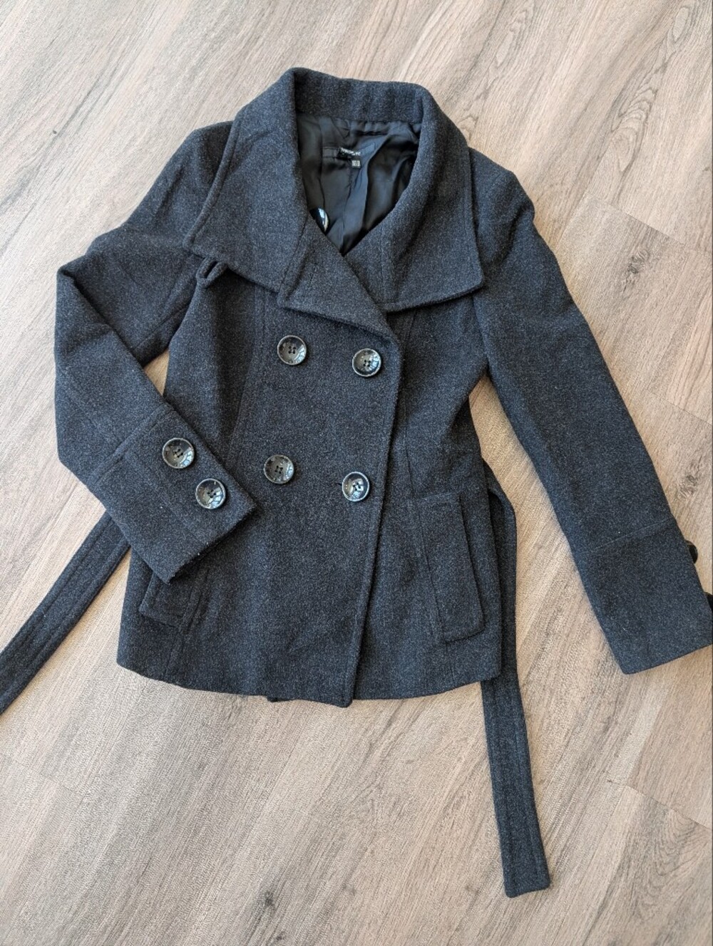 Zara Charcoal Gray Double-Breasted Pea Coat Wool Chunky Buttons Built In Tie